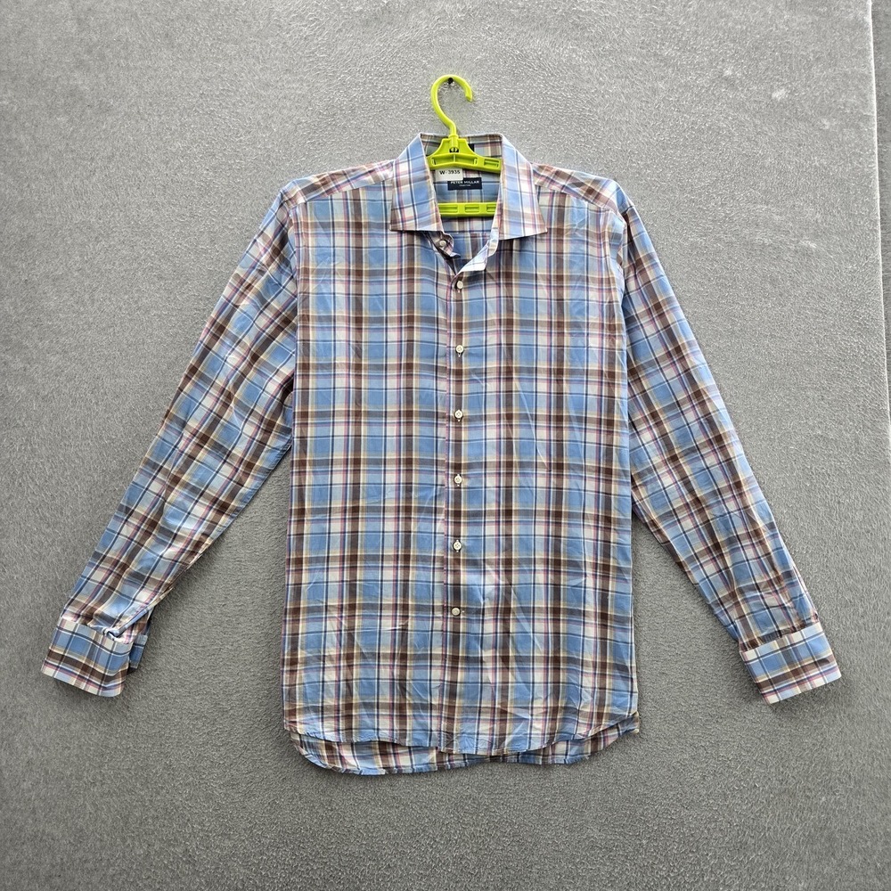 Peter Millar Men Button Up Shirt EXTRA LARGE Blue Madras Plaid Dress Shirt